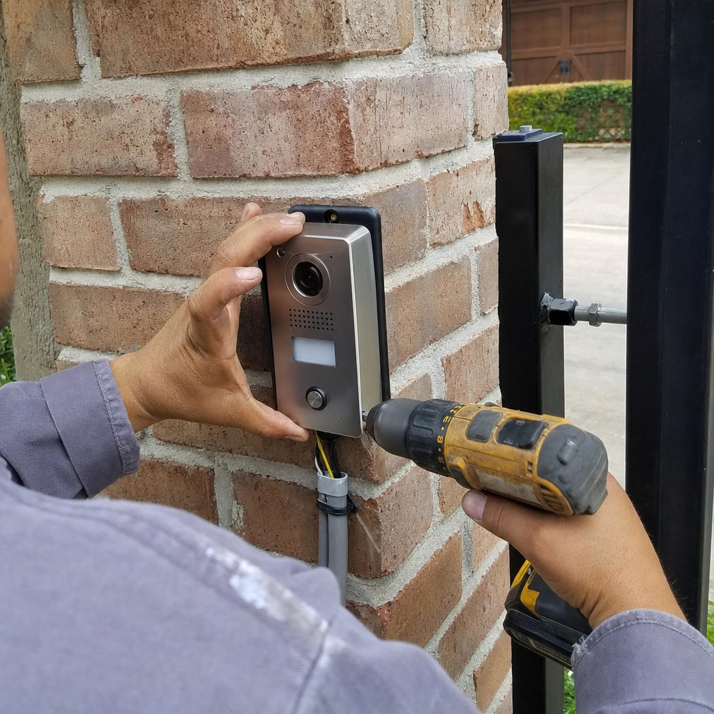 Gate access control installation using a drill and intercom system in Addison, TX