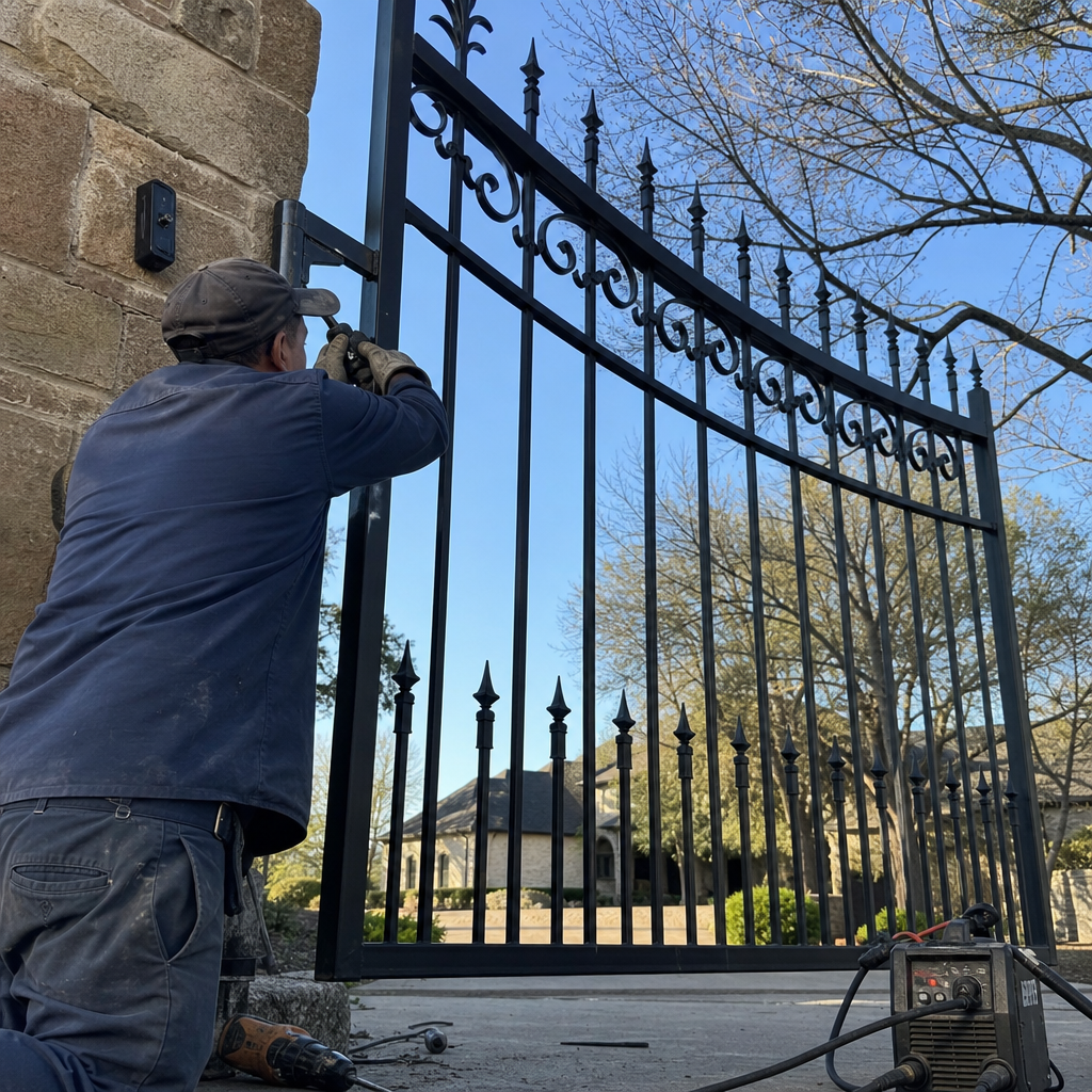 Gate installer working on wrought iron gate installation