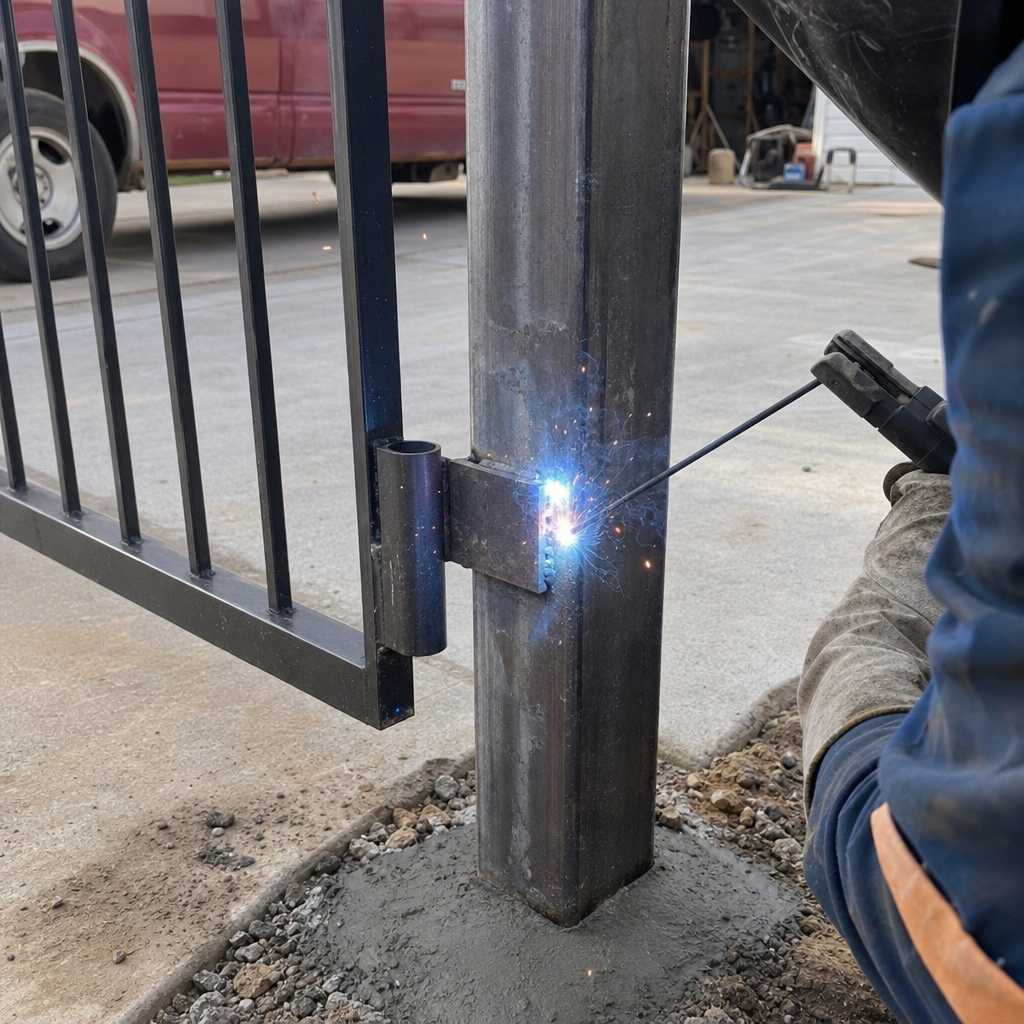 Welder installs gate hinge onto metal post with sparks