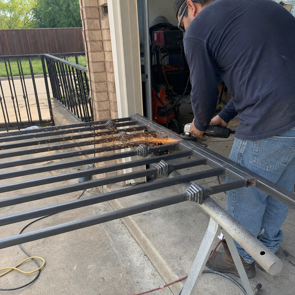 Gate parts and welding by a professional craftsman using an angle grinder. in Addison, TX