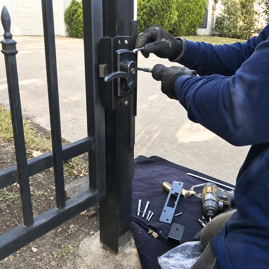 Gate repair technician installing new lock on black metal gate with tools