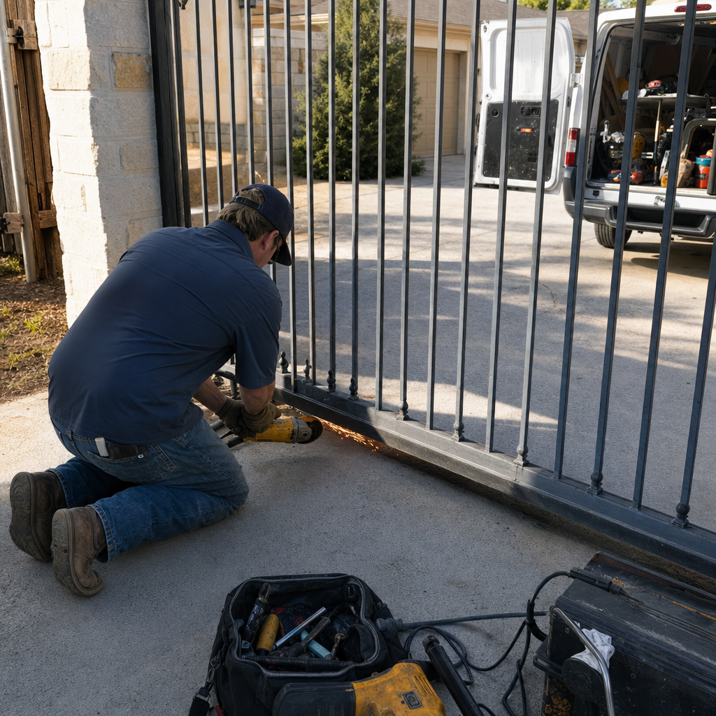 Gate repair technician grinding metal gate with sparks flying, tools and van nearby.
