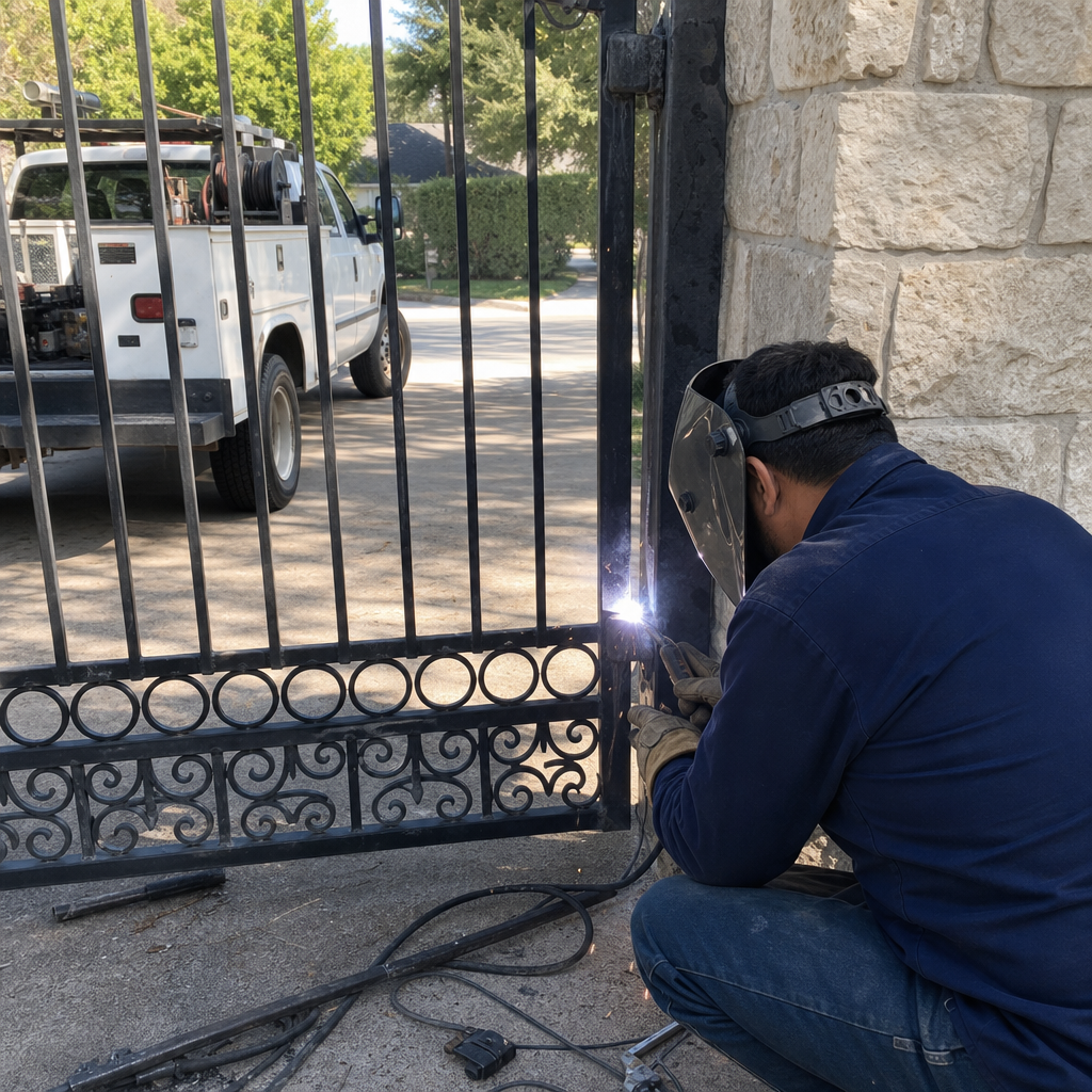 Welder repairing ornate metal gate for gate repair business